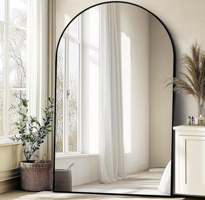 Large Arched Full Length Mirror with Stand, Aluminum Alloy Frame Floor Mirror, Standing or Wall Mounted Mirror for Bedroom and Living Room